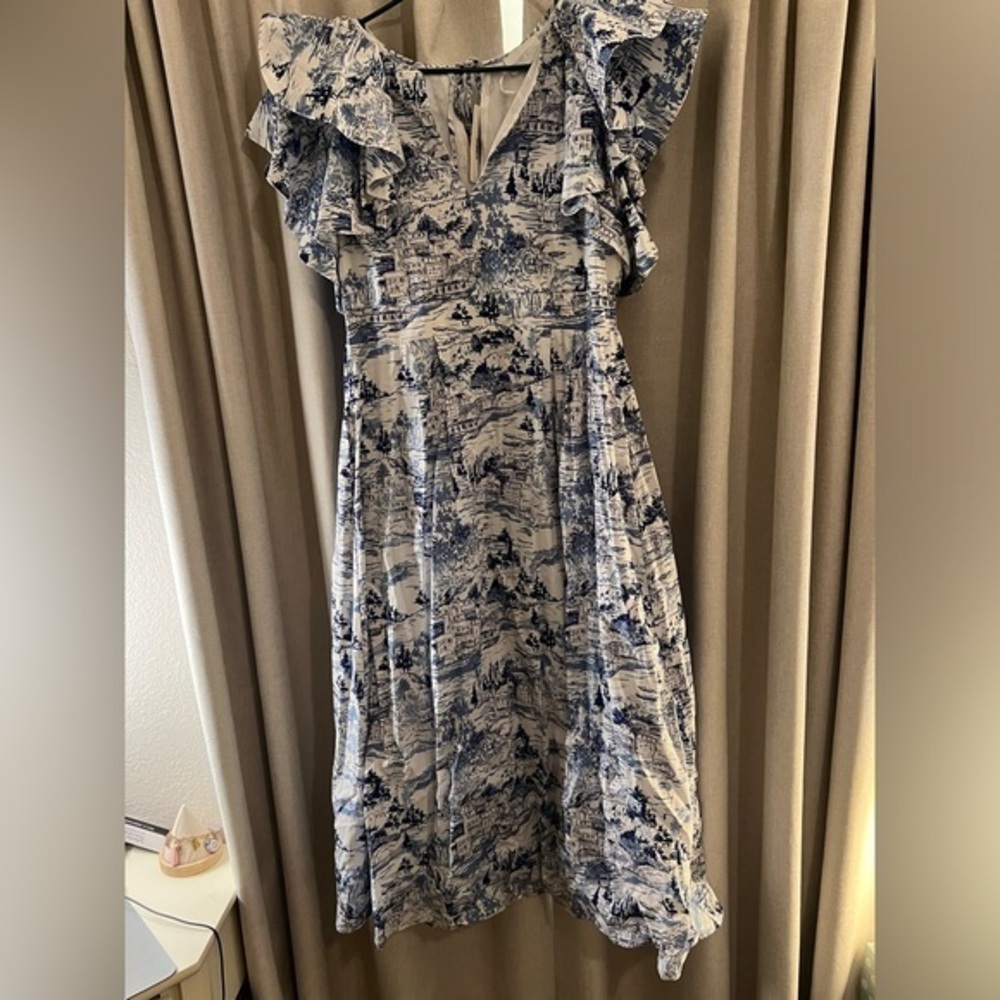 Sugarlips Blue Toile Cotton Flutter Sleeve Midi Dress L